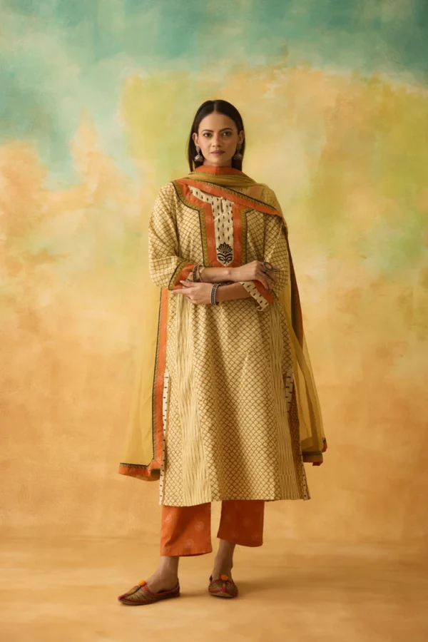 adya cotton hand block printed kurta beige