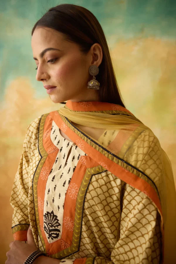 adya cotton hand block printed kurta beige