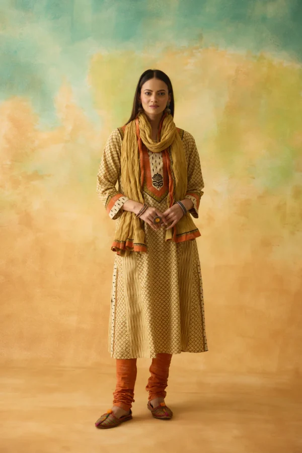 adya cotton hand block printed kurta beige