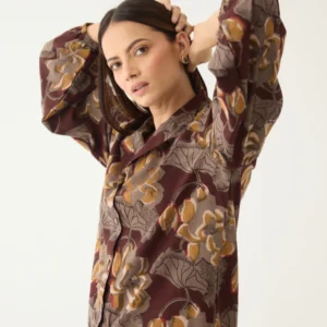 alba hand block printed shirt maroon grey