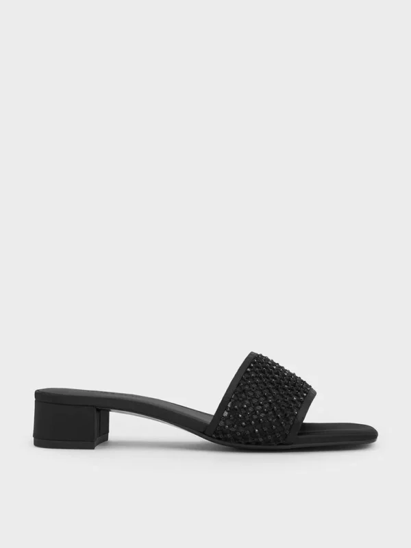mesh crystal embellished heeled mules black textured