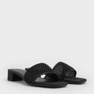 mesh crystal embellished heeled mules black textured