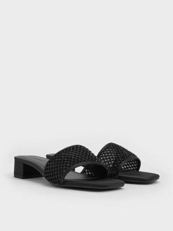 mesh crystal embellished heeled mules black textured