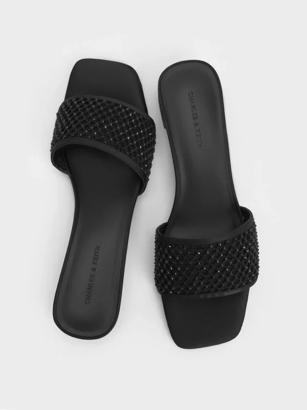 mesh crystal embellished heeled mules black textured