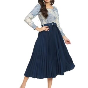 kzully | women a line dress with pleats, has an square neck, printed top comes with a belt