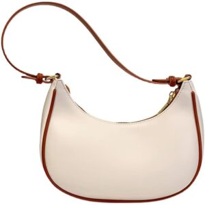 women's small shoulder bag – faux leather crescent purse with adjustable strap & zip closure | minimalist hobo handbag for casual, party, and evening outfits – cream with brown trim