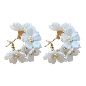 shining diva fashion latest sweet romantic elegant white flower hoop earrings | stylish shell resin delicate pearl flower zircon earrings | trendy versatile jewellery | light exquisite luxury jewellery