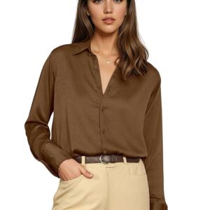 aahwan women satin regular fit solid button up drop shoulder officewear casual formal long sleeve shirt