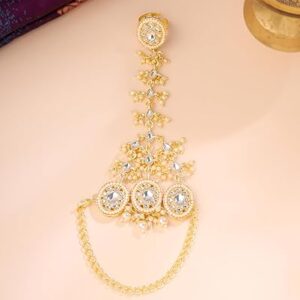 yellow chimes haath phool for women ring bracelet kundan studded traditional gold plated panja/adjustable rings bracelet for women and girls