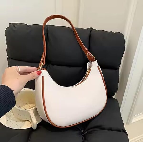 women's small shoulder bag – faux leather crescent purse with adjustable strap & zip closure | minimalist hobo handbag for casual, party, and evening outfits – cream with brown trim