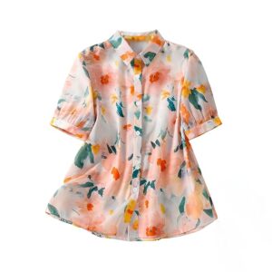 gufrina women’s casual button down shirt with multicolor floral print & half sleeves, collar neck
