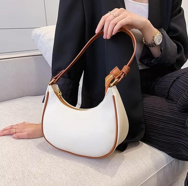 women's small shoulder bag – faux leather crescent purse with adjustable strap & zip closure | minimalist hobo handbag for casual, party, and evening outfits – cream with brown trim