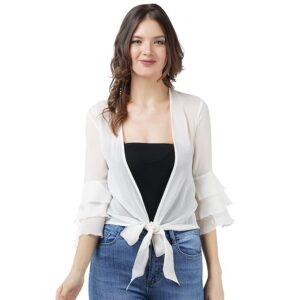 aol women front tie up lightweight waist length georgette shrug/jacket with layered sleeves