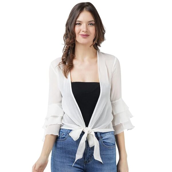 aol women front tie up lightweight waist length georgette shrug/jacket with layered sleeves