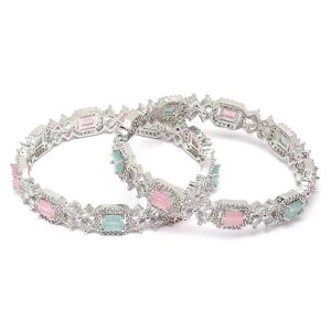 zeneme rhodium plated silver toned american diamond square shaped studded bangle jewellery set for girls and women (set of 2)