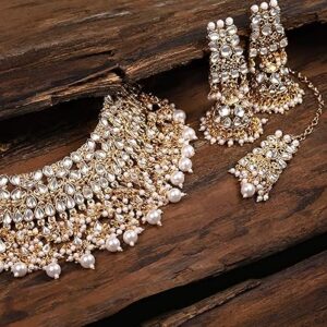 zaveri pearls gold tone kundan & pearls bridal choker necklace set for women zpfk8454