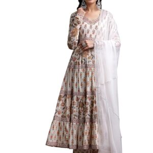 libas off white printed cotton a line kurta with palazzos & dupatta