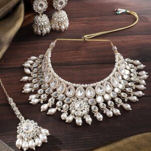 zaveri pearls gold tone kundan artificial stones & beads bridal necklace earring & maangtikka set for women zpfk17106