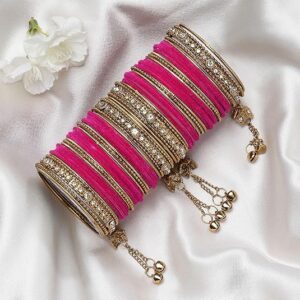 zeneme gold plated matte finish velvet american diamond studded gold pearl tasselled bangles set of 56 for girls and women